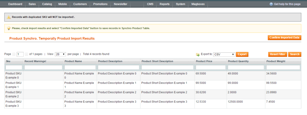 Magboxes Product Import Result Form