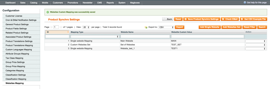 Magboxes Product Synchro Websites Mapping