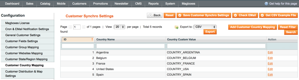 Magboxes Customer Synchronization - Countries Mapping